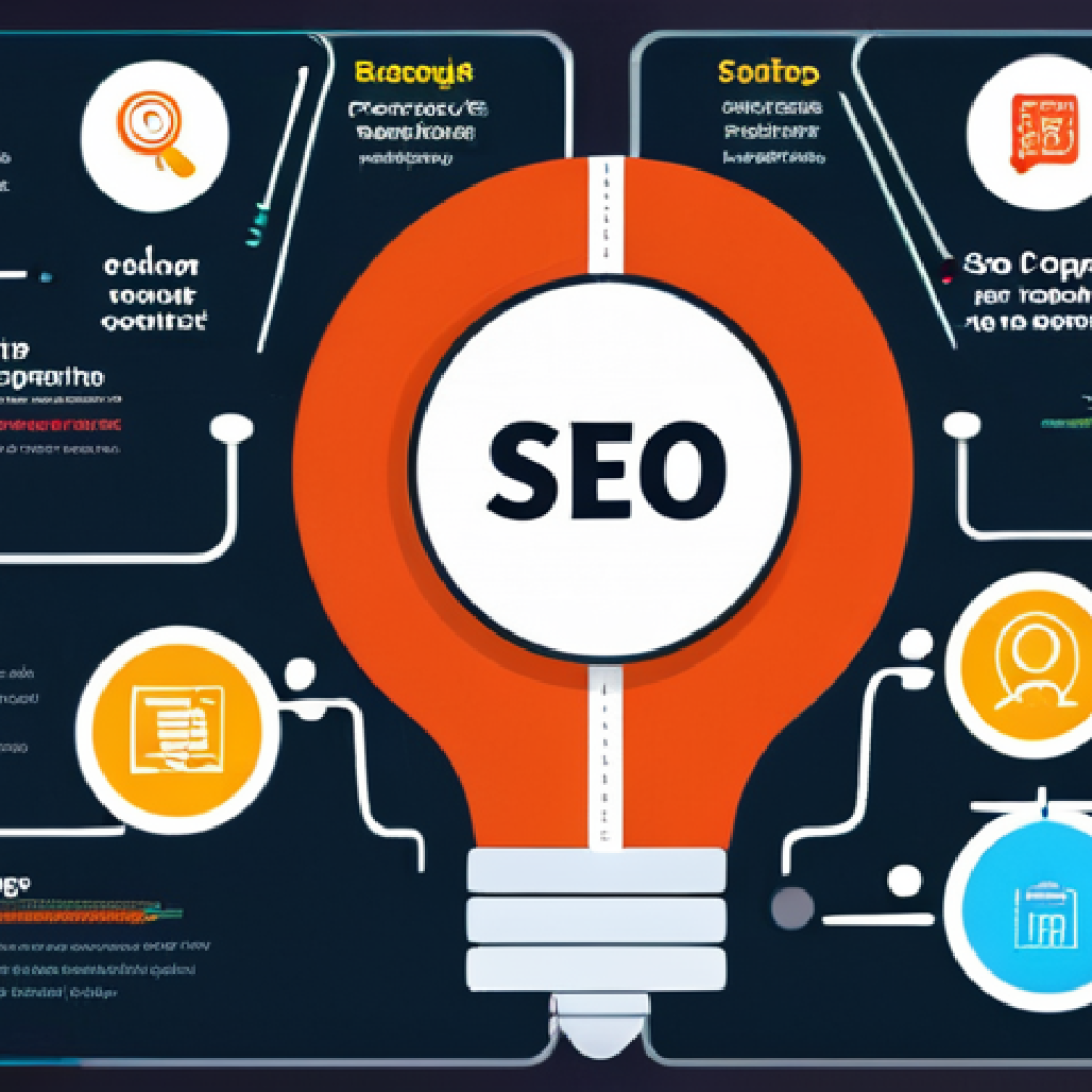 **SEO Basics**:
   - Create an infographic illustrating the key concepts of SEO, including on-page and off-page SEO elements, keyword research, and the importance of quality content. Use vibrant colors and icons to represent each concept clearly.